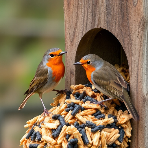 Robins eating from suet pellet pile