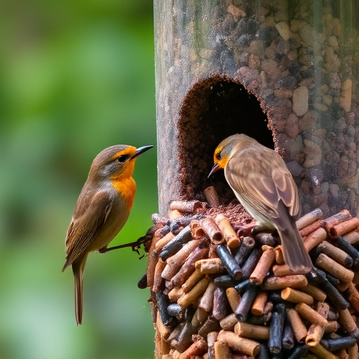 Robins eating from suet pellet pile