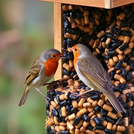 Robins eating from suet pellet pile