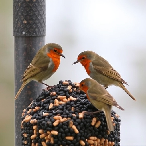 Robins eating from suet pellet pile