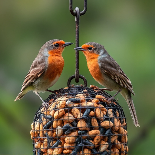 Robins eating from suet pellet pile