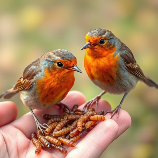 Robins eating mealworms from hand