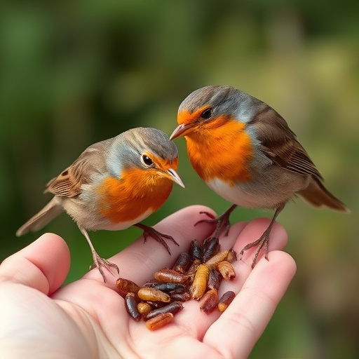 Robins eating mealworms from hand
