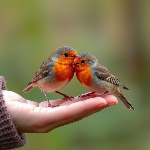 Robins eating mealworms from hand