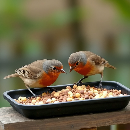 Robins eating suet pellets from tray