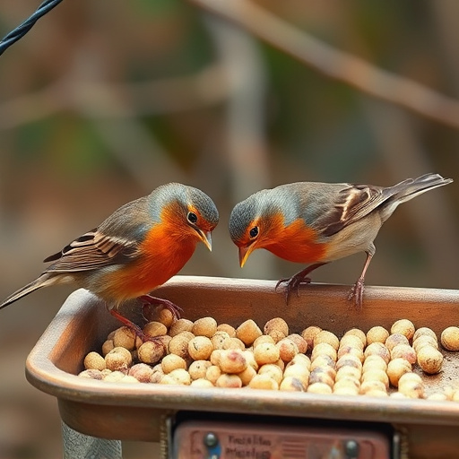 Robins eating suet pellets from tray