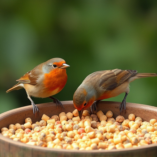Robins eating suet pellets from tray