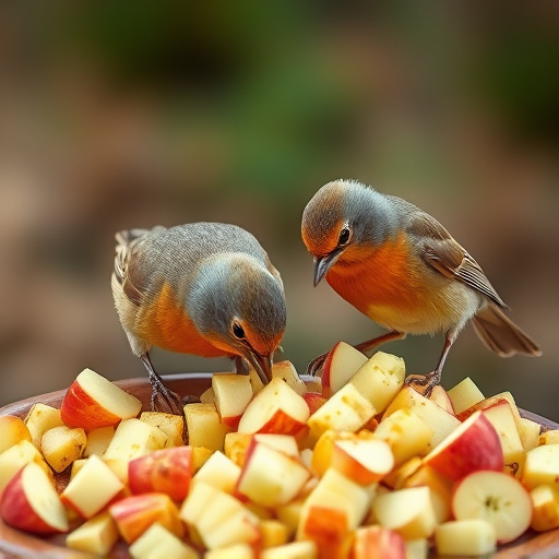Robins feeding on chopped apples