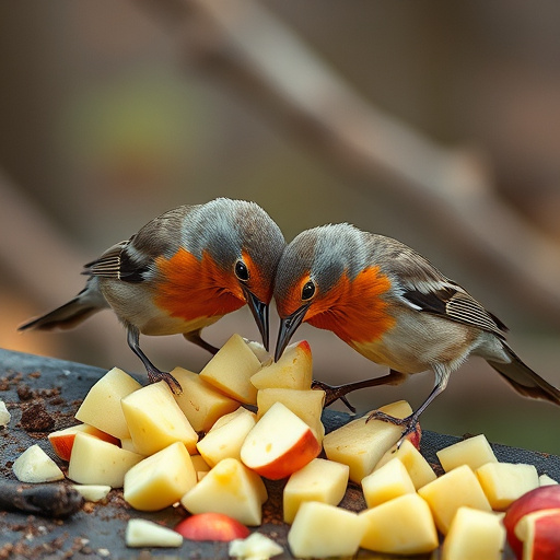 Robins feeding on chopped apples