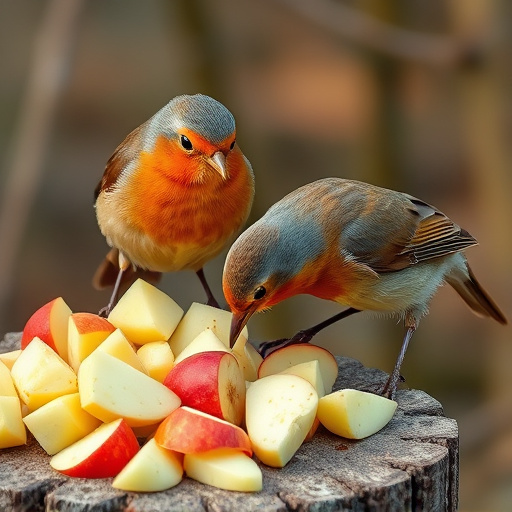 Robins feeding on chopped apples