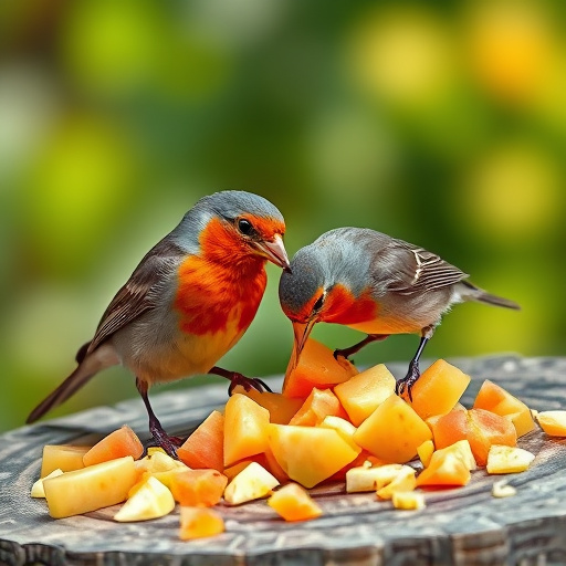 Robins feeding on chopped fruit pieces