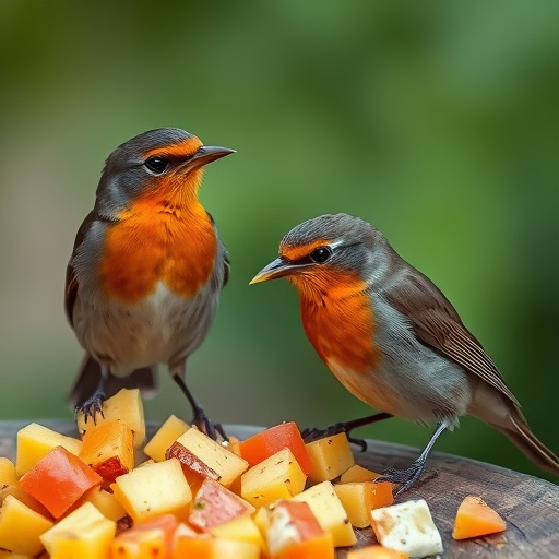 Robins feeding on chopped fruit pieces