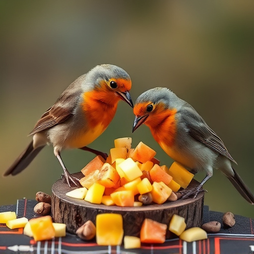 Robins feeding on chopped fruit pieces