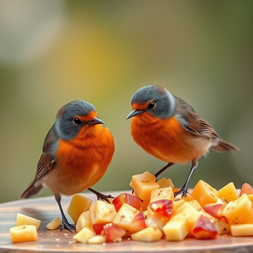 Robins feeding on chopped fruit pieces