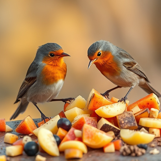 Robins feeding on chopped fruit pieces