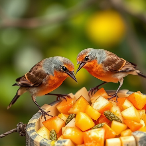 Robins feeding on chopped fruit pieces