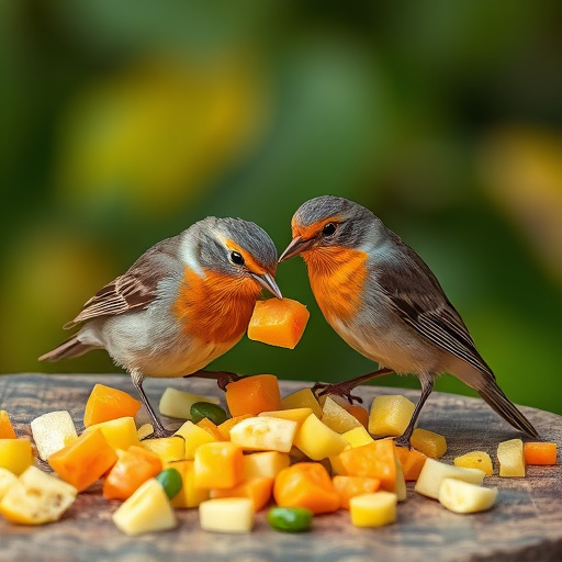 Robins feeding on chopped fruit pieces