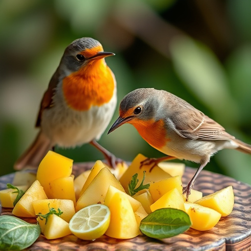 Robins feeding on chopped fruit pieces