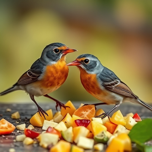 Robins feeding on chopped fruit pieces