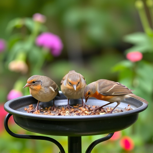 Robins feeding on low garden tray