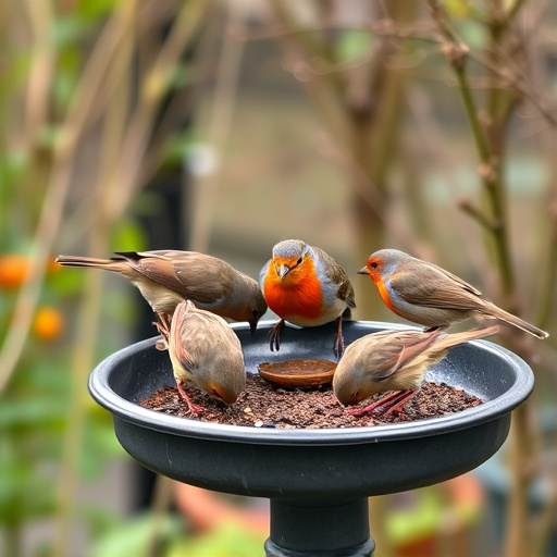 Robins feeding on low garden tray