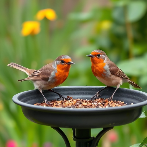 Robins feeding on low garden tray