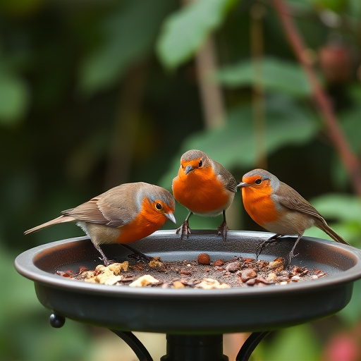Robins feeding on low garden tray