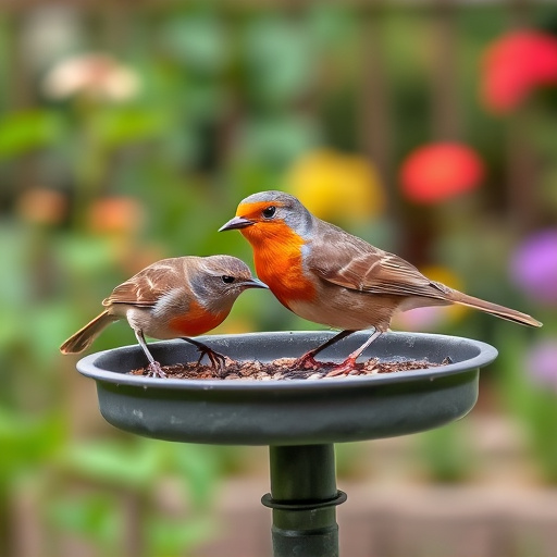 Robins feeding on low garden tray
