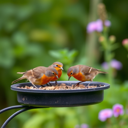 Robins feeding on low garden tray