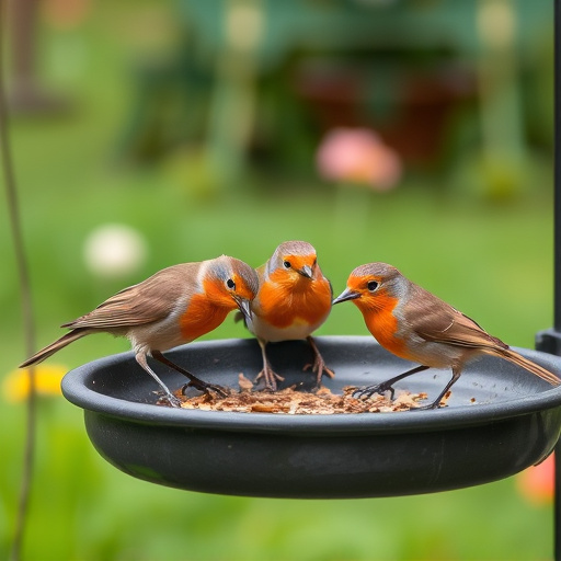 Robins feeding on low garden tray