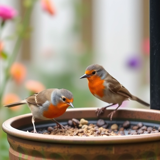 Robins feeding on low garden tray