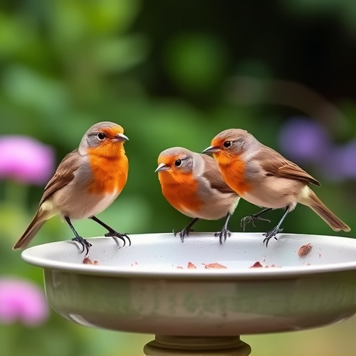 Robins feeding on low garden tray