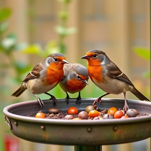 Robins feeding on low garden tray