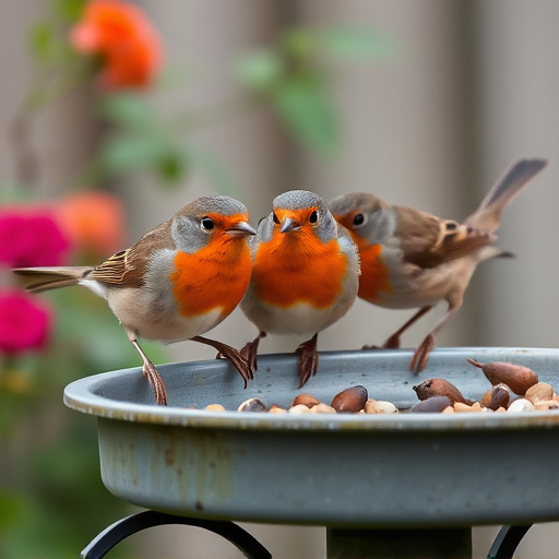 Robins feeding on low garden tray