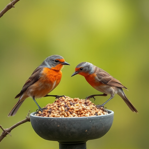 Robins feeding on no-mess seed