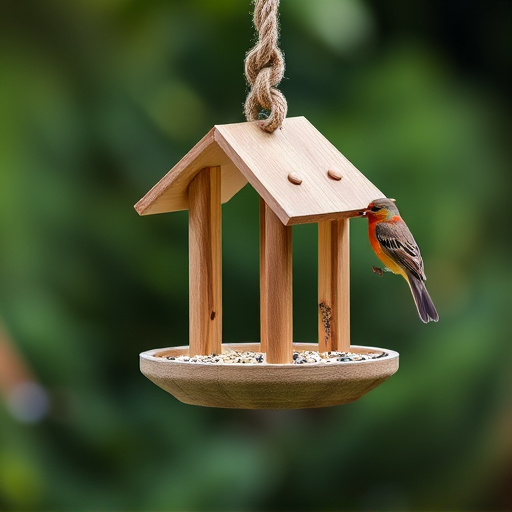 Rope-secured bird table with seed