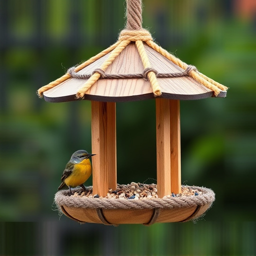 Rope-secured bird table with seed
