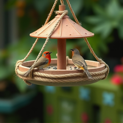 Rope-secured bird table with seed