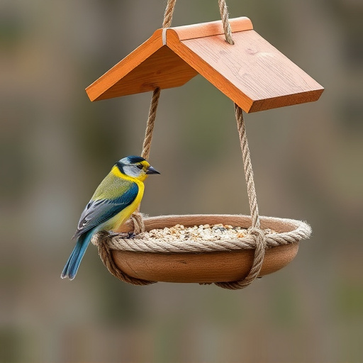 Rope-secured bird table with seed