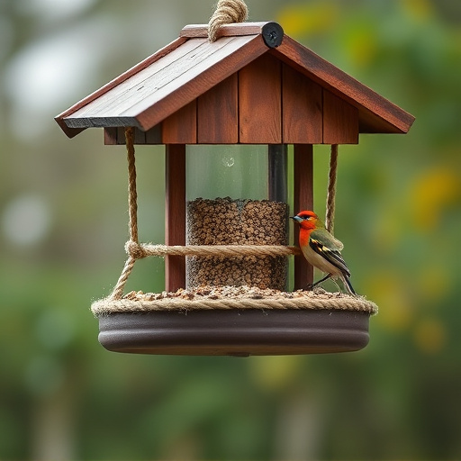 Rope-secured bird table with seed