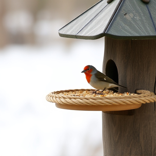 Rope-secured bird table with seed