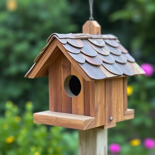 Rustic bird box with roof shingles
