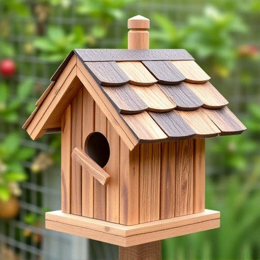 Rustic bird box with roof shingles