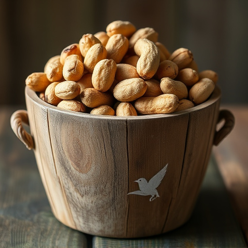 Rustic container filled with bird peanuts