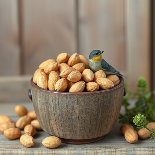 Rustic container filled with bird peanuts
