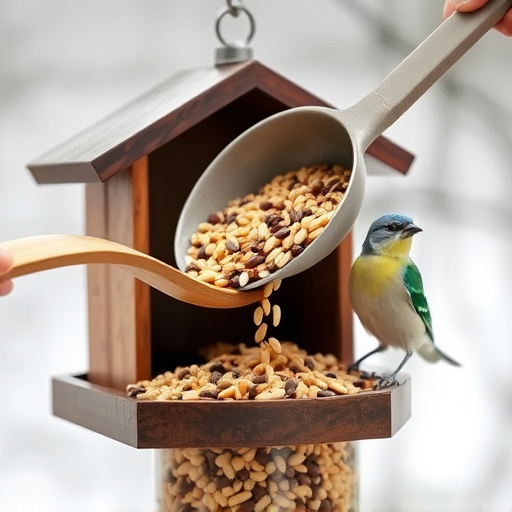 Scoop pouring seeds into bird feeder