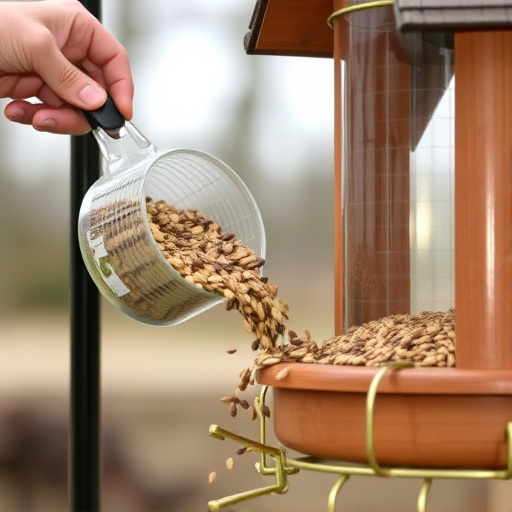 Scoop pouring seeds into bird feeder