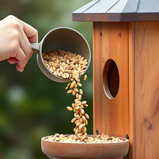 Scoop pouring seeds into bird feeder