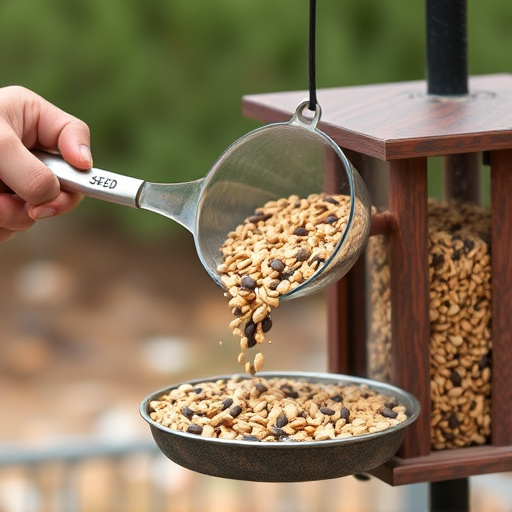 Scoop pouring seeds into bird feeder