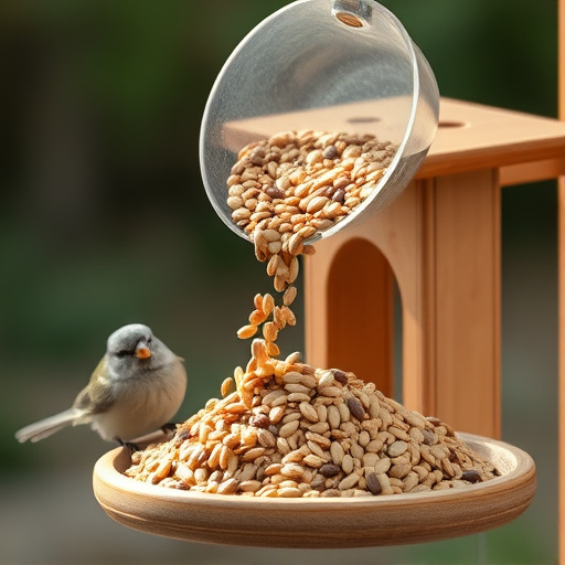 Scoop pouring seeds into bird feeder